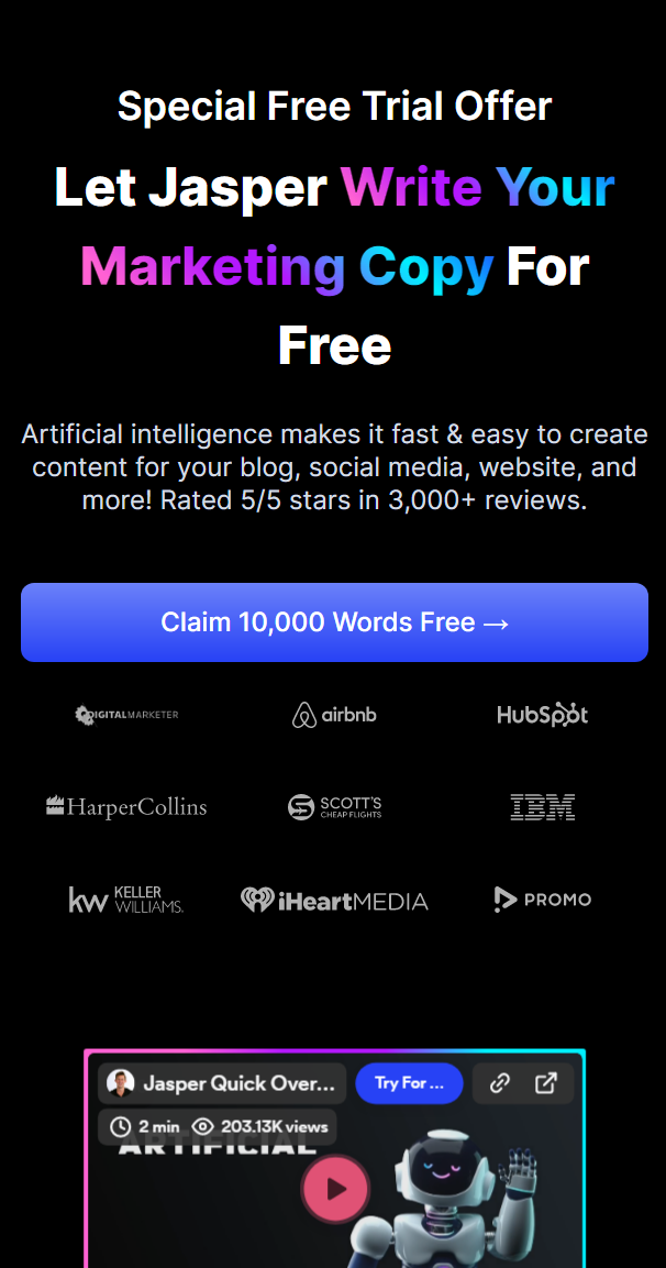 Jasper.ai on mobile — even black background as white space for email landing page design