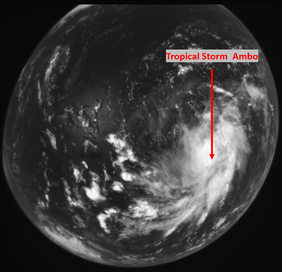 Figure 3. Wide Field Camera image of TS Ambo on May 12, 2020 (01:08 PM), two days before it made its first landfall in the Philippines and became a typhoon. Note that the WFC uses a fish-eye lens camera giving the image its distorted appearance. (Source: Project GRASPED of STAMINA4Space Program)