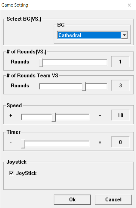 The option menu of 2D Fighter Maker 2002: a Windows form with some controls to edit timer, number of rounds and stage for VS mode.