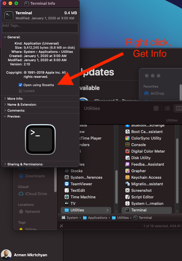Check “Open in Rosetta” in Terminal app Get Info