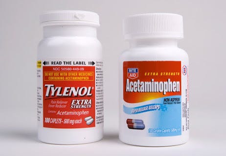 A picture of Tylenol next to a picture of generic acetominophen