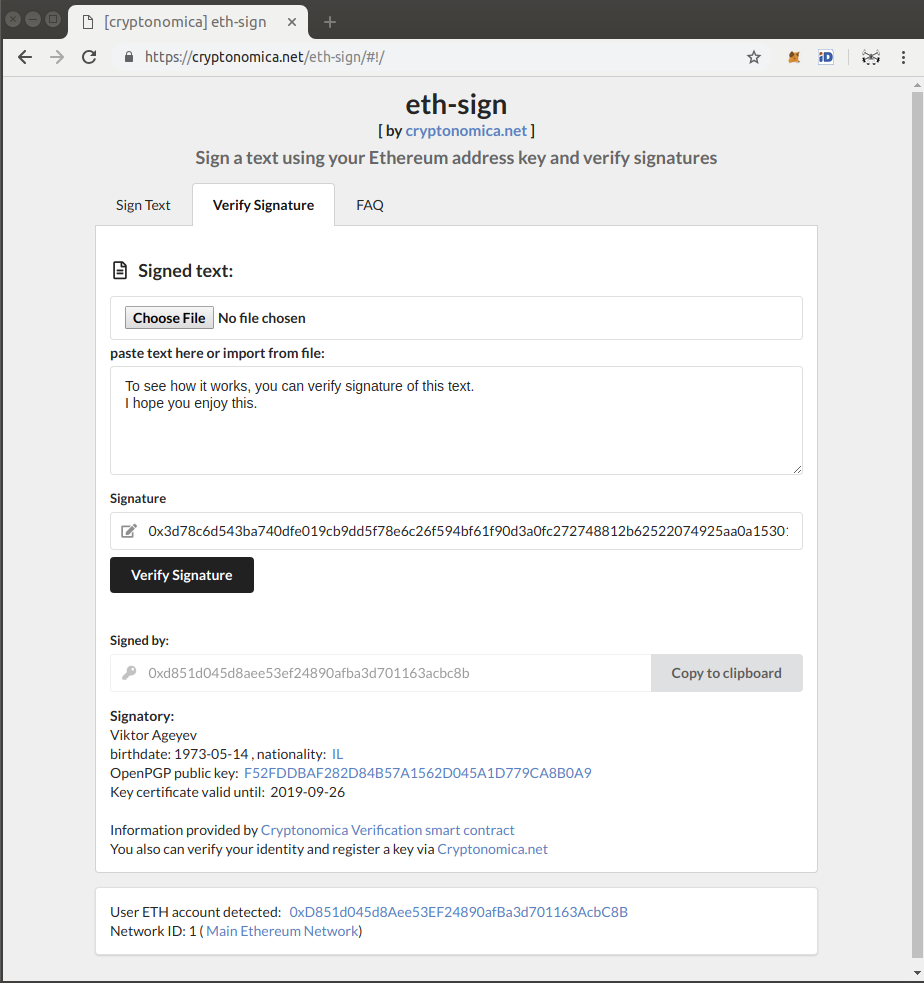 Digital signatures in browser with MetaMask and Ethereum keys by