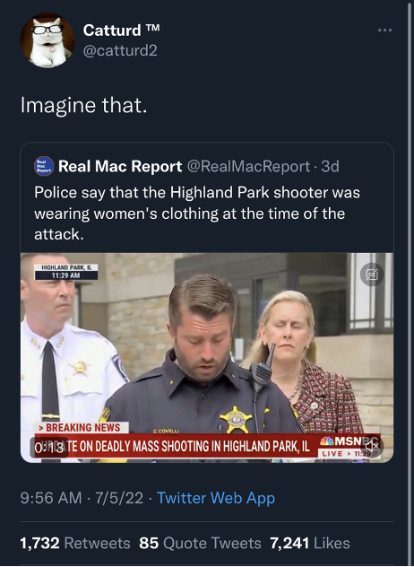 Tweet from @catturd2, a right-wing influencer profile, which suggested the news that the shooter wore women’s clothing was unsurprising. (Source: @catturd2/archive)