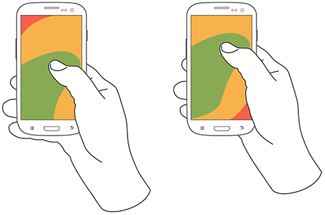 Illustration of a smartphone held in one hand, with a heatmap on the screen of where the thumb can reach.