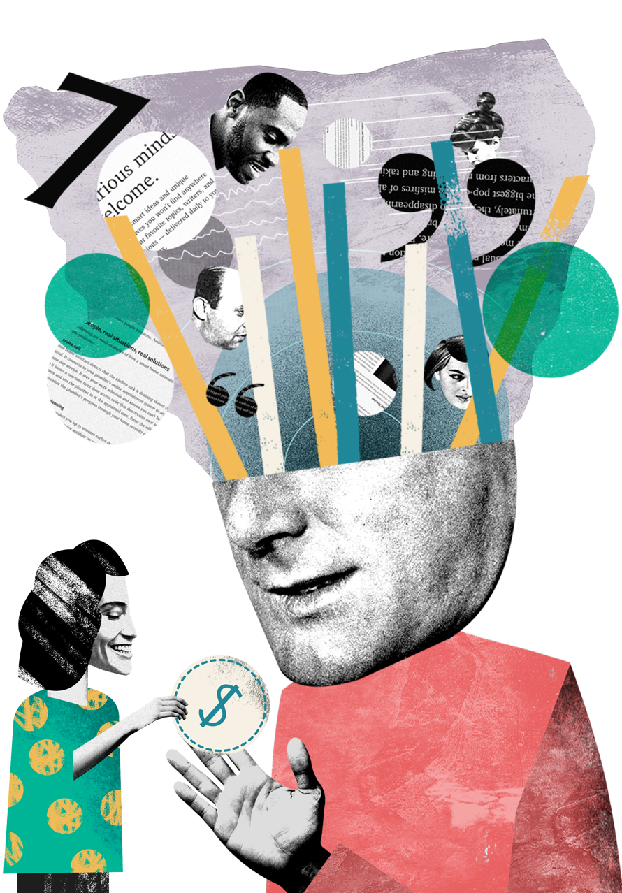 image of a man who has quotes from medium articles and images of people coming out of his head; he is also being handed a dollar sign by a smaller woman