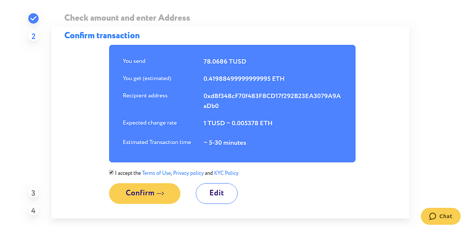 ChangeHero exchange confirmation