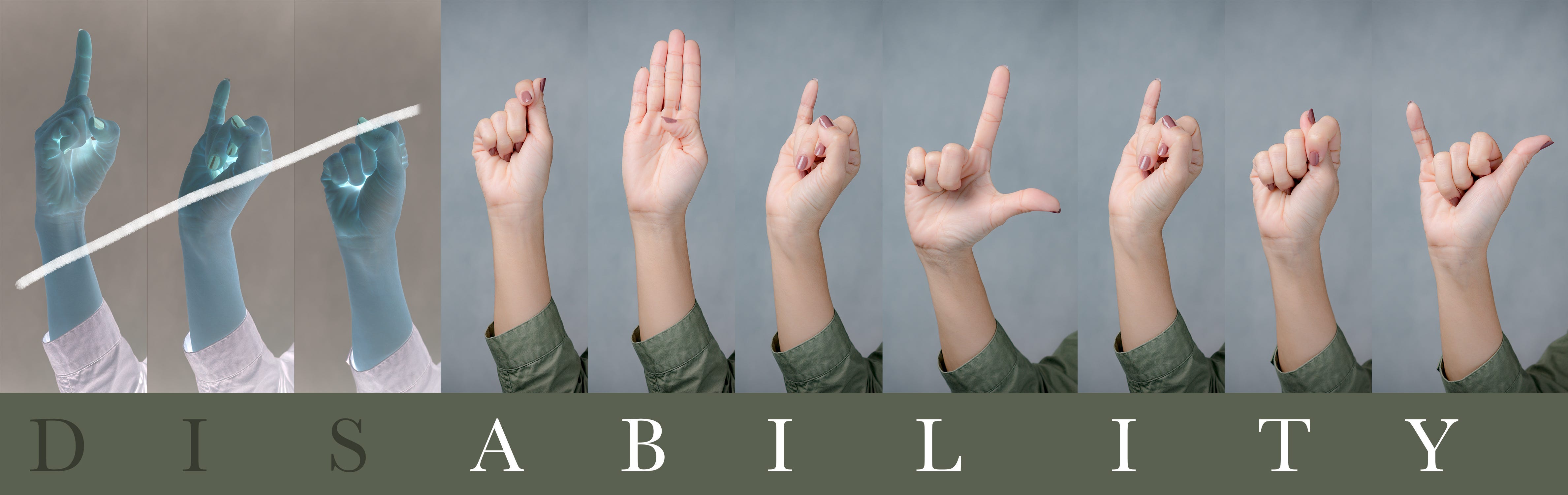 The word “Disability” letter spelled in ASL with the DIS separated from ABILITY