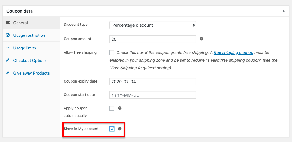 Show in My Account check box in General tab in Coupon data section