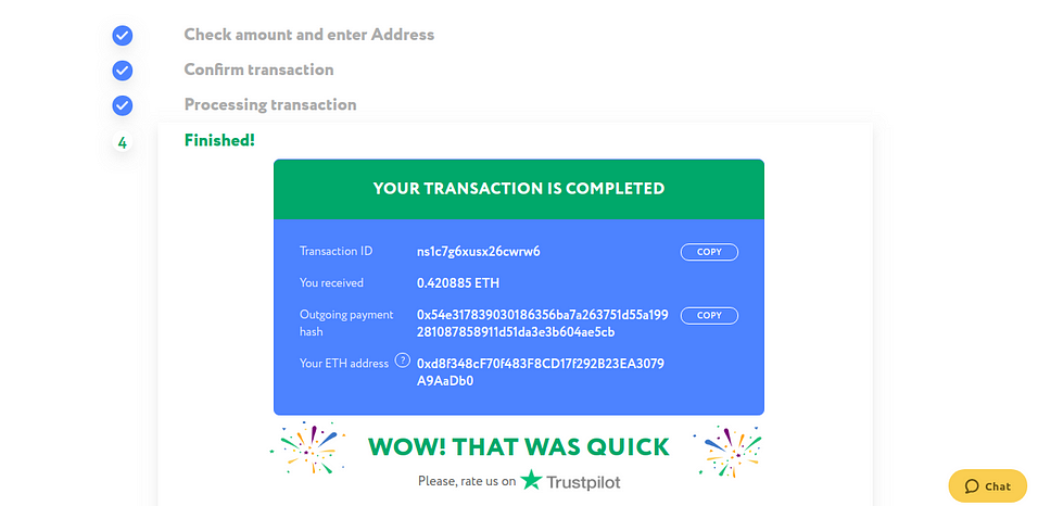 Successful completion of exchange on ChangeHero