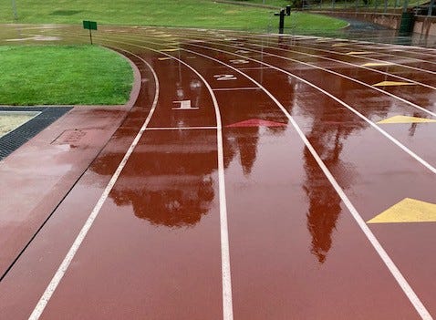 A rainy morning track workout at Kezar Stadium in San Francisco