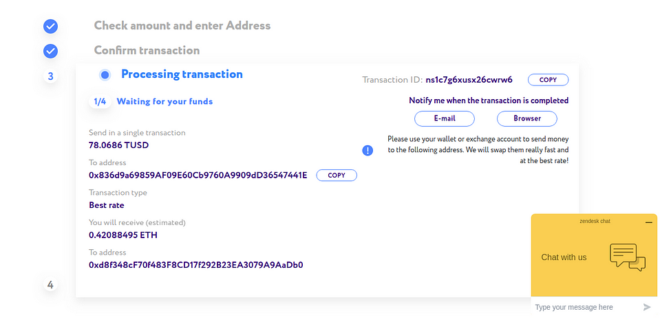 ChangeHero exchange processing transaction interface