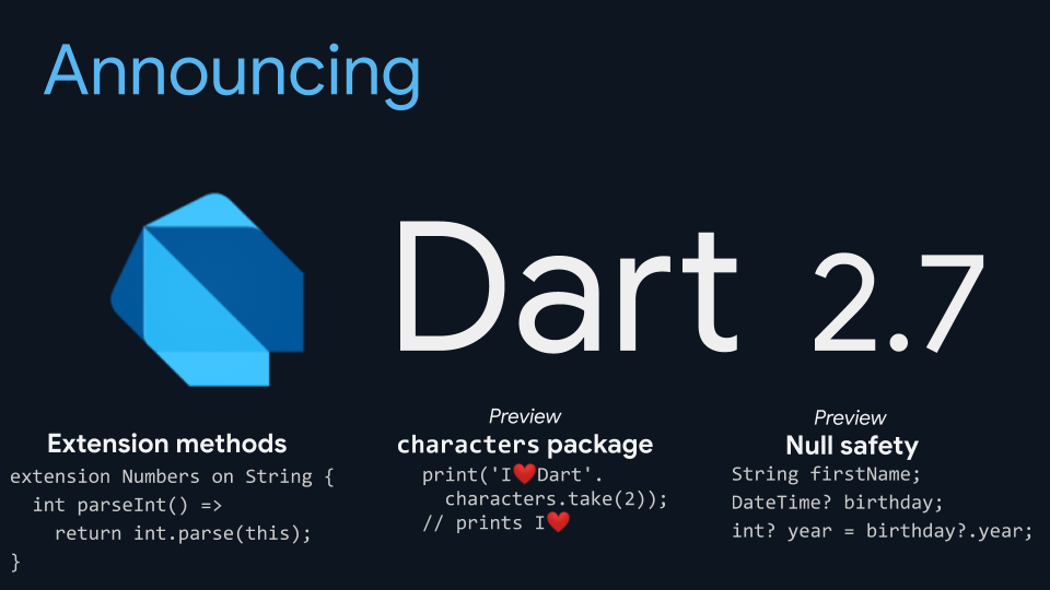 Announcing Dart 2.7: A safer, more expressive Dart | by Michael Thomsen |  Dart | Medium