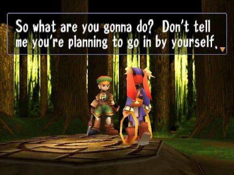 A screenshot from the game showing a cutscene moment, where Mint and Rue, the two playable characters in the game, are having a discussion in a wooded area.