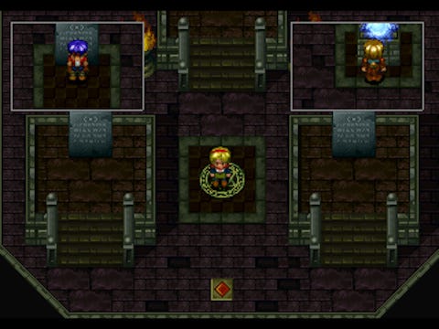 A screenshot from the game, showing a dungeon area, and a unique mechanic of the game that allows you to switch perspectives between three characters in order to solve puzzles. Two small rectangular areas appear at the top of the screen, to show where the other characters were located the last time the player controlled them.
