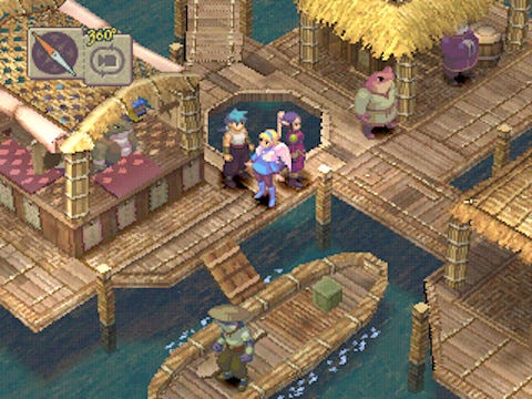 A screenshot from the game, showing three of the player’s party members exploring a waterfront village docks, with shops and boats nearby.