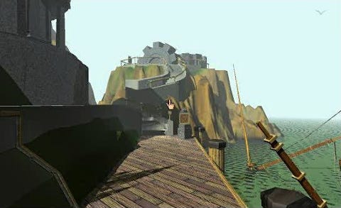 A screenshot from the start of the game showing the docks area, with a cliff in the distance that has large mechanical gears protruding out of it, and a spiral staircase leading closer to the apparatus.