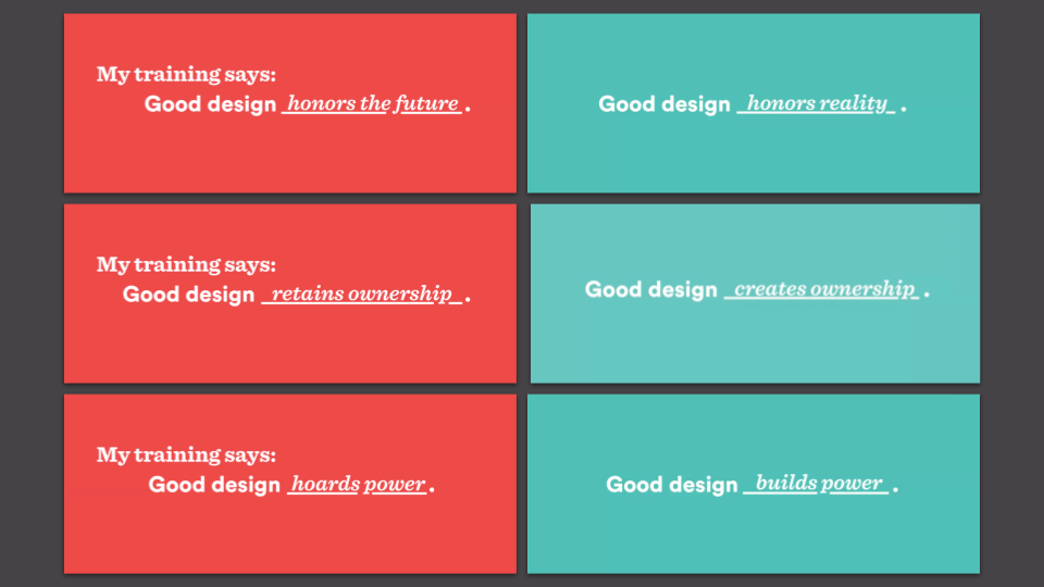 Two columns of slides contrasting George Aye’s training view on good design versus how he now defines good design