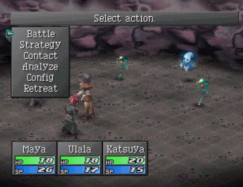 A screenshot from the game showing the battle screen with a variety of unorthodox menu options, such as “strategy” or “contact” in addition to the more commonplace “battle” option.