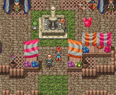 A screenshot from the game featuring Crono, the protagonist, attending the Millenial Fair, with bright colorful stalls and stands, as well as other fair attendants enjoying their time at the event.