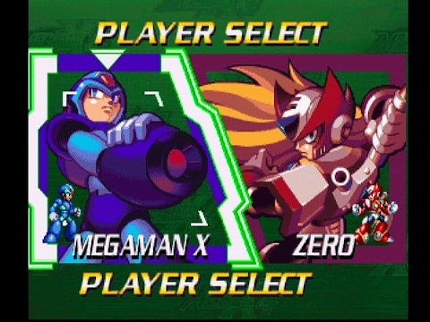 A screenshot from the game showing the player selection screen, with Mega Man X on the left side, and Zero on the right side for players to choose between.