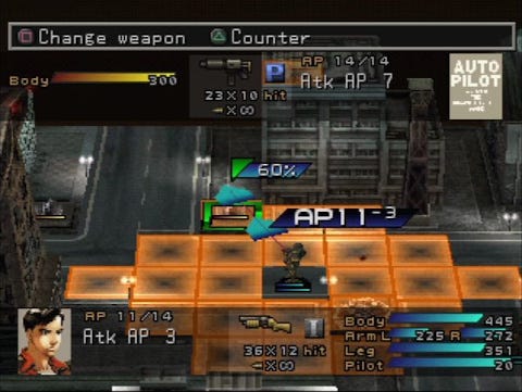 A screenshot from the game, showing orange squares on a grid, which shows the attack range for the character’s attack as part of the turn based tactical battle system.