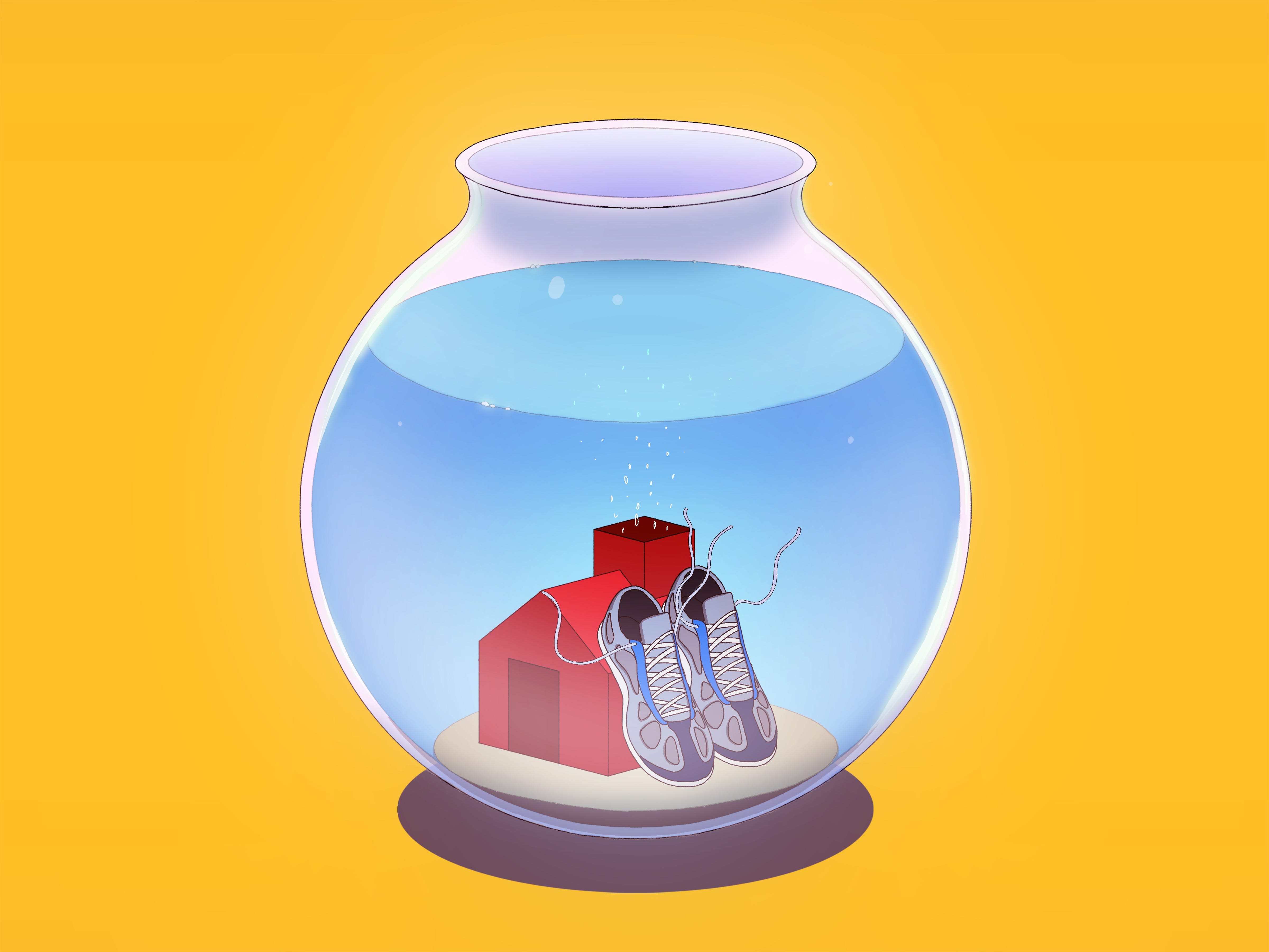 A pair of running shoes and a small house inside a fishbowl.