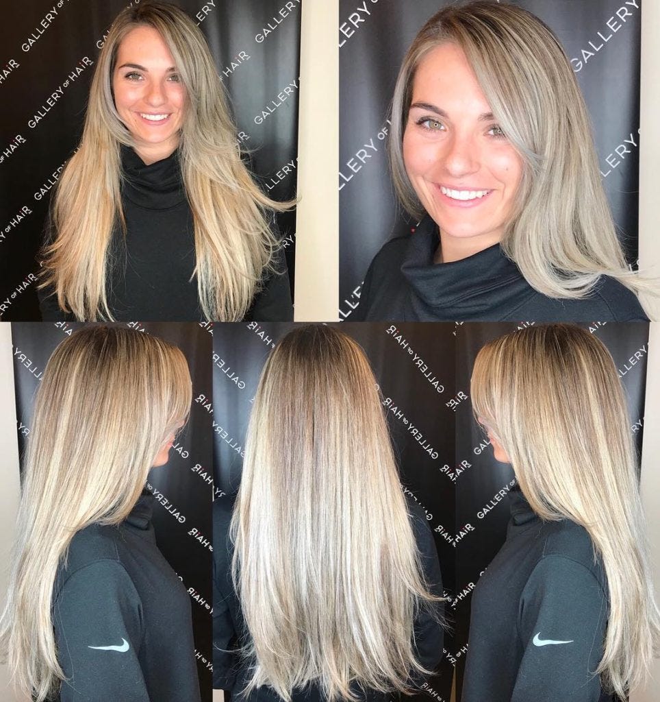 Layered Razor Cut Blowout with Long Side Swept Bangs and Blonde Color Melt  Balayage | by Hairstyleology | Medium
