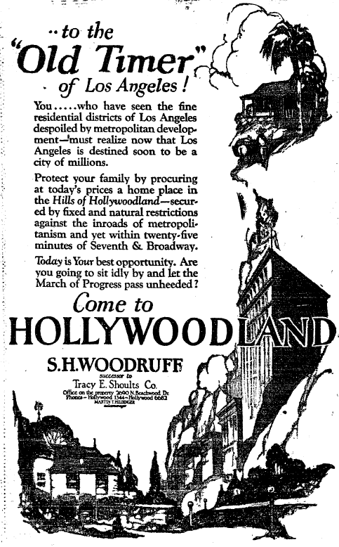 Ad for the Hollywoodland development that reads “Protect your family by procuring at today’s prices a home…