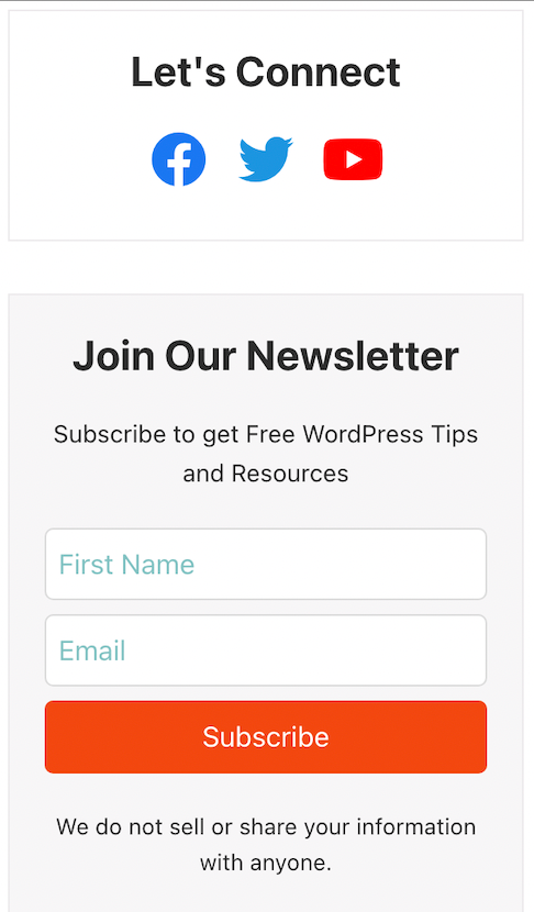 Sidebar form saying join our newsletter. The form comprises blocks first name and email along with subscribe button.