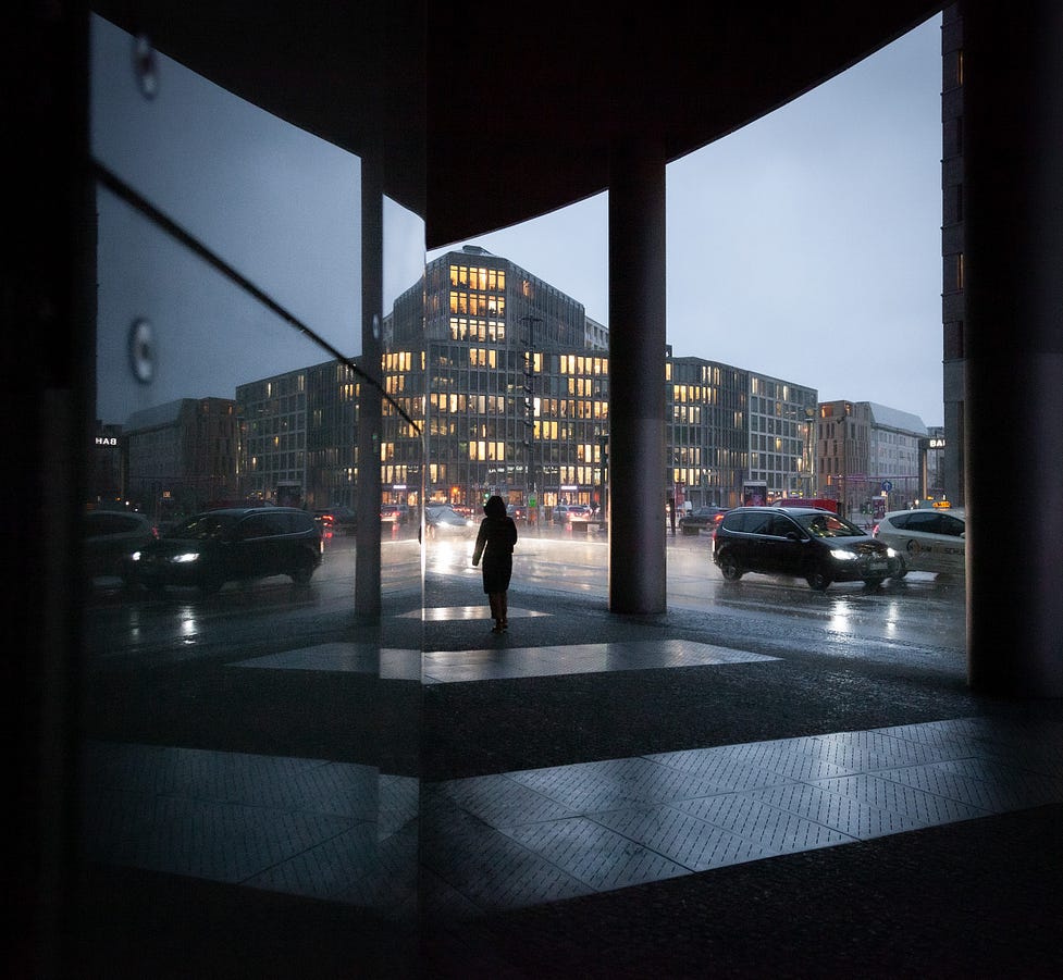Potsdamer Platz in the rain, February 2023. Copyright; Sean P. Durham, Berlin, 2023