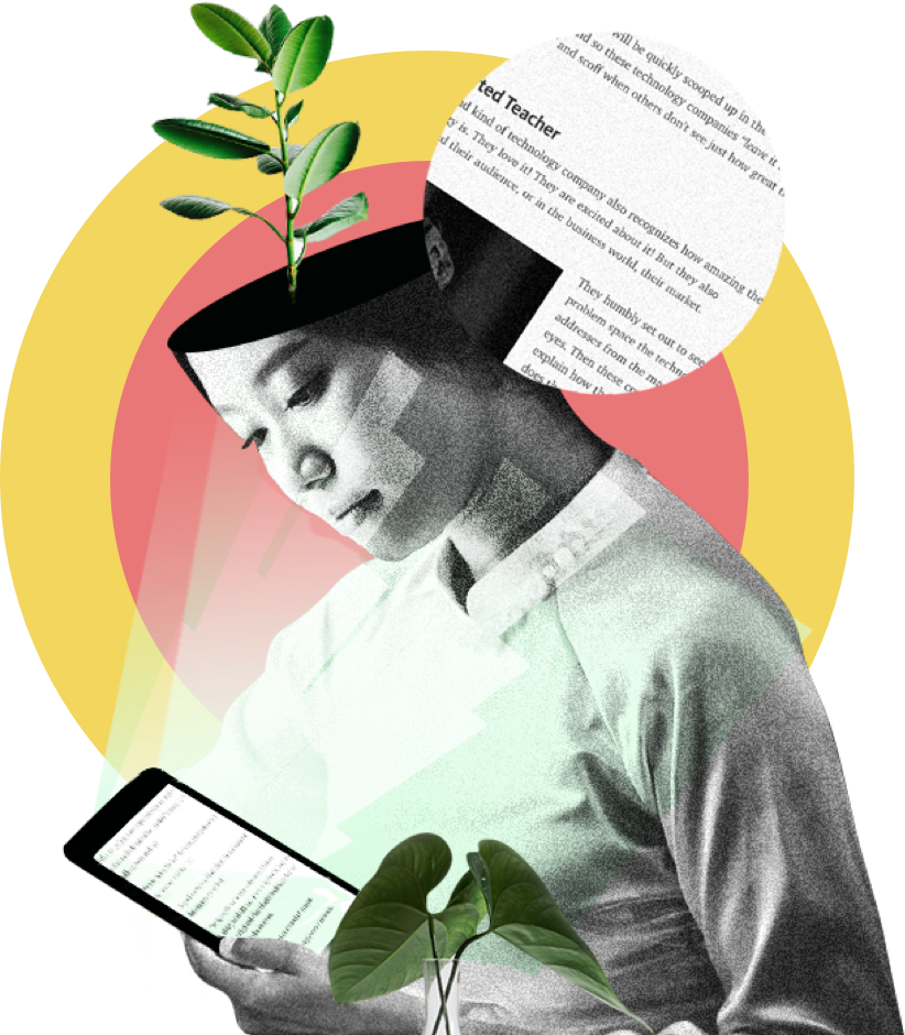 image of woman with a plant growing from her head reading a medium post on her tablet
