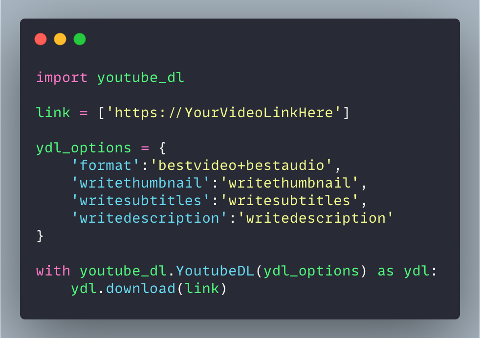 Sample code to use youtube-dl with a number of parameters passed as options