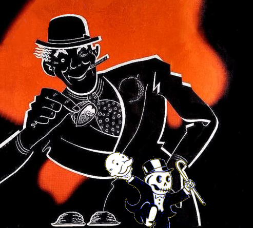 A con artist playing the shell game lifts a shell to reveal a dancing Rich Uncle Pennybags who has removed his face to reveal a grinning skull.