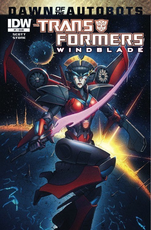 Comic book cover featuring a female Transformer with a sword