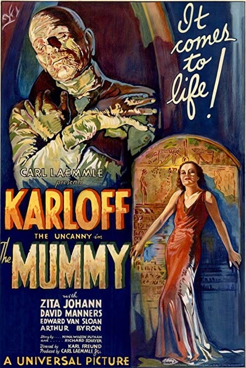 Colour poster for the film The Mummy starring Boris Karloff.