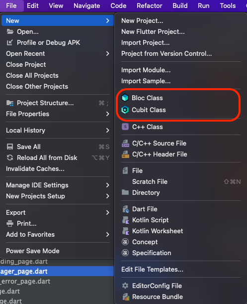 Menu options for adding new Bloc or Cubit class