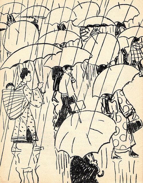 Black-ink illustration of commuters, with umbrellas, walking in the rain.