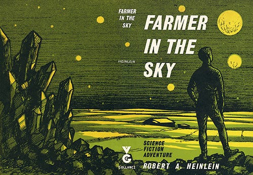 1950’s book sleeve of Robert Heinlein’s science fiction homage to Johnny Appleseed, Farmer in the Sky