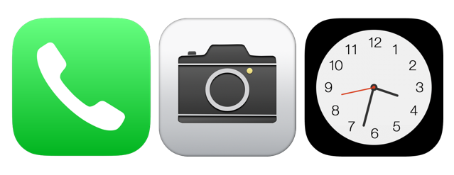 iPhone icons for phone, camera, and clock