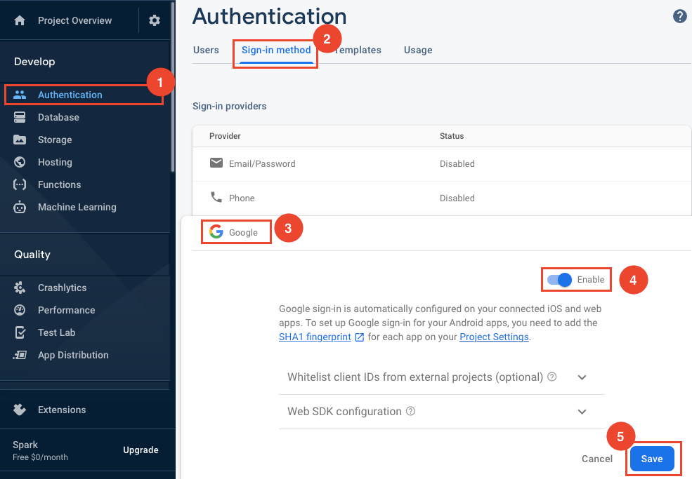 Enable Google Sign-in for Firebase Authentication