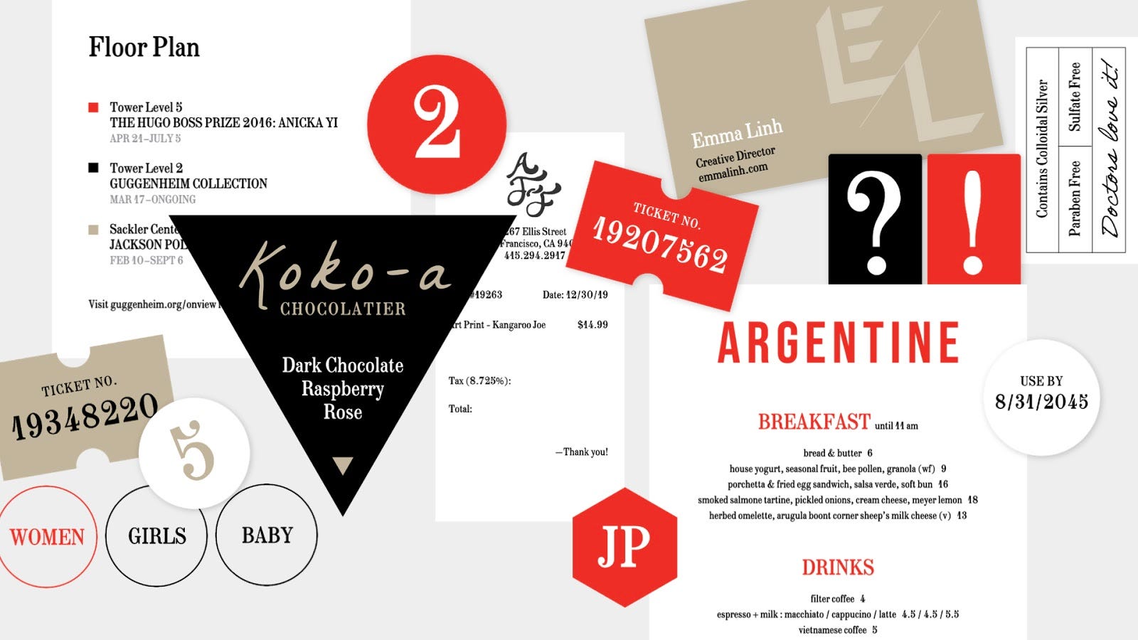 Font in use as a business card, menu, tickets, etc.