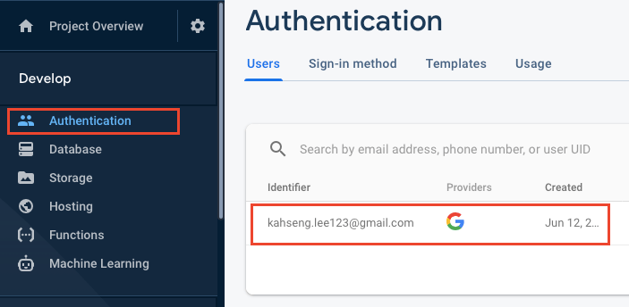 New user created in Firebase console