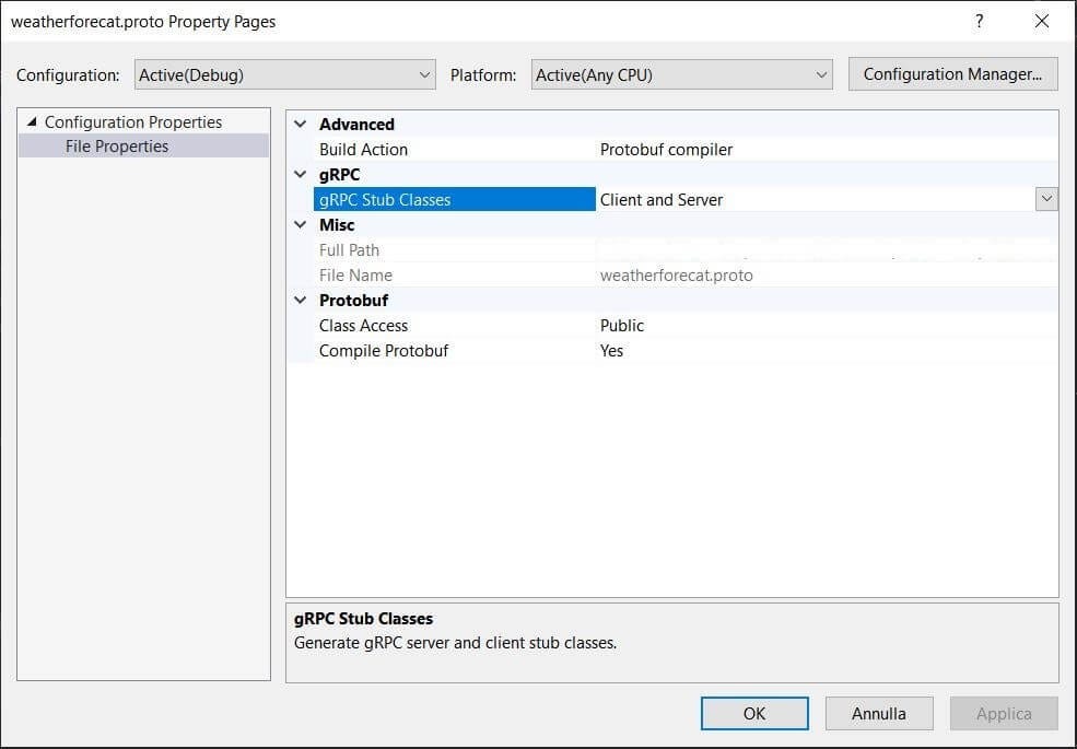 select the Protobuf compiler as the Build Action and select the Client and Server option as the gRPC Stub Classes