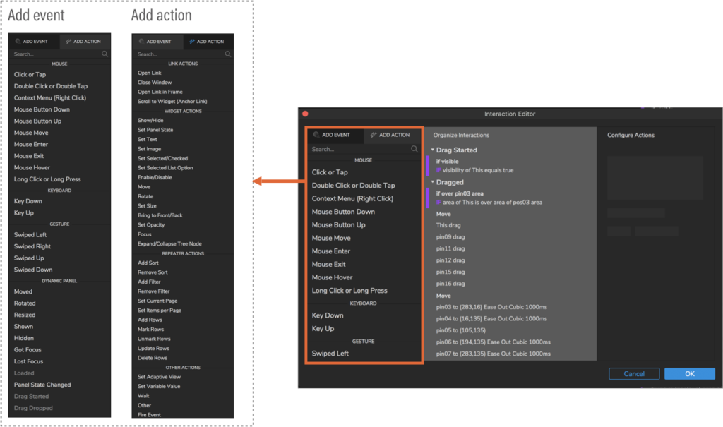 Dropdown menus that show lists of available events, actions and triggers available in Axure’s Interaction Editor.