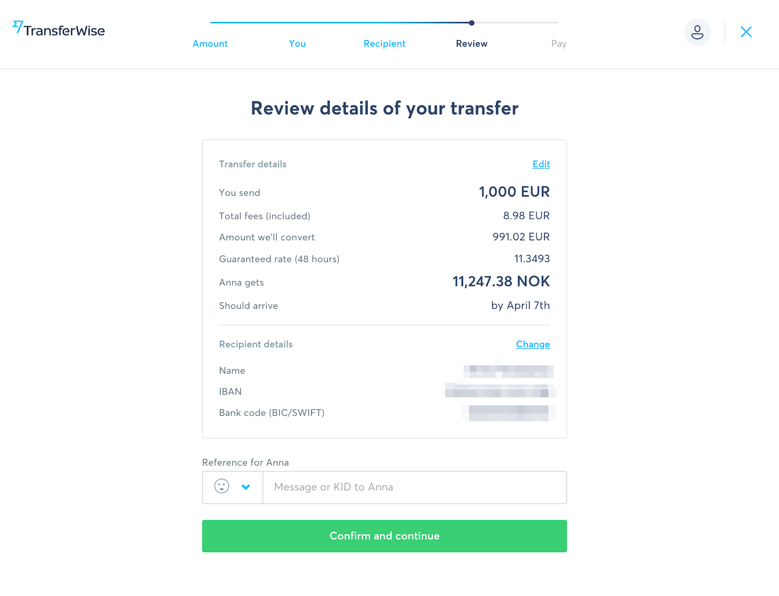 The review page in TransferWise’s money transfer flow