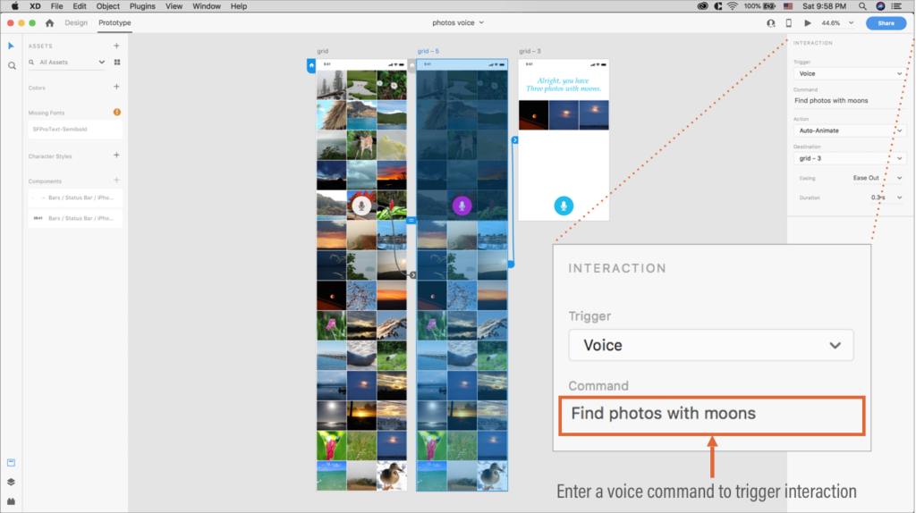 Interaction panel showing voice is selected from trigger, with voice command entered as “Find photos with moons”