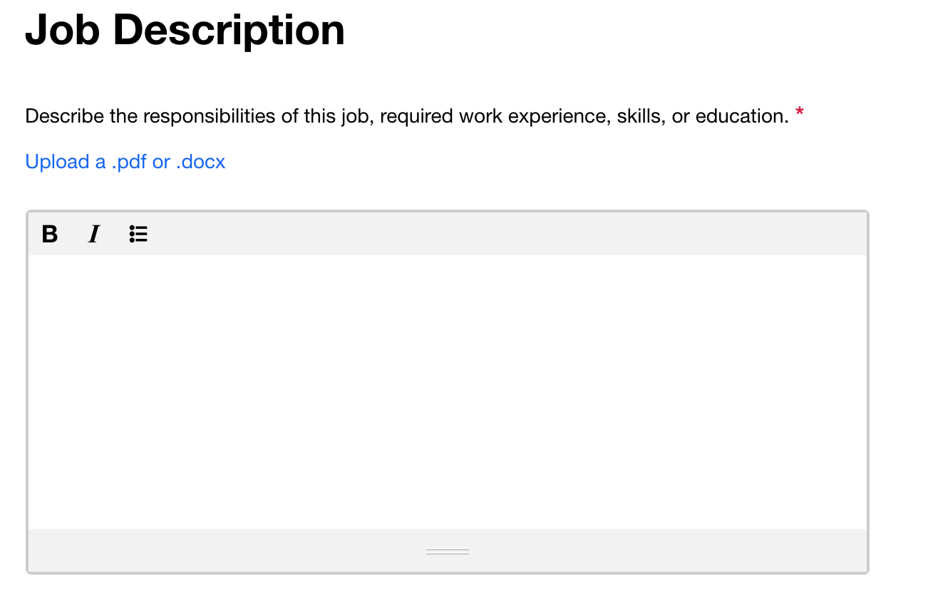 Screenshot of Indeed.com’s empty Job Description input field, with no placeholder text