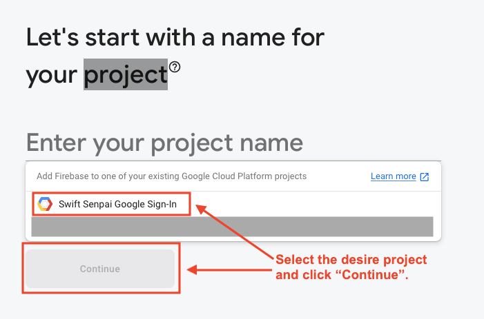 Select a Google Cloud Platform project to add to Firebase