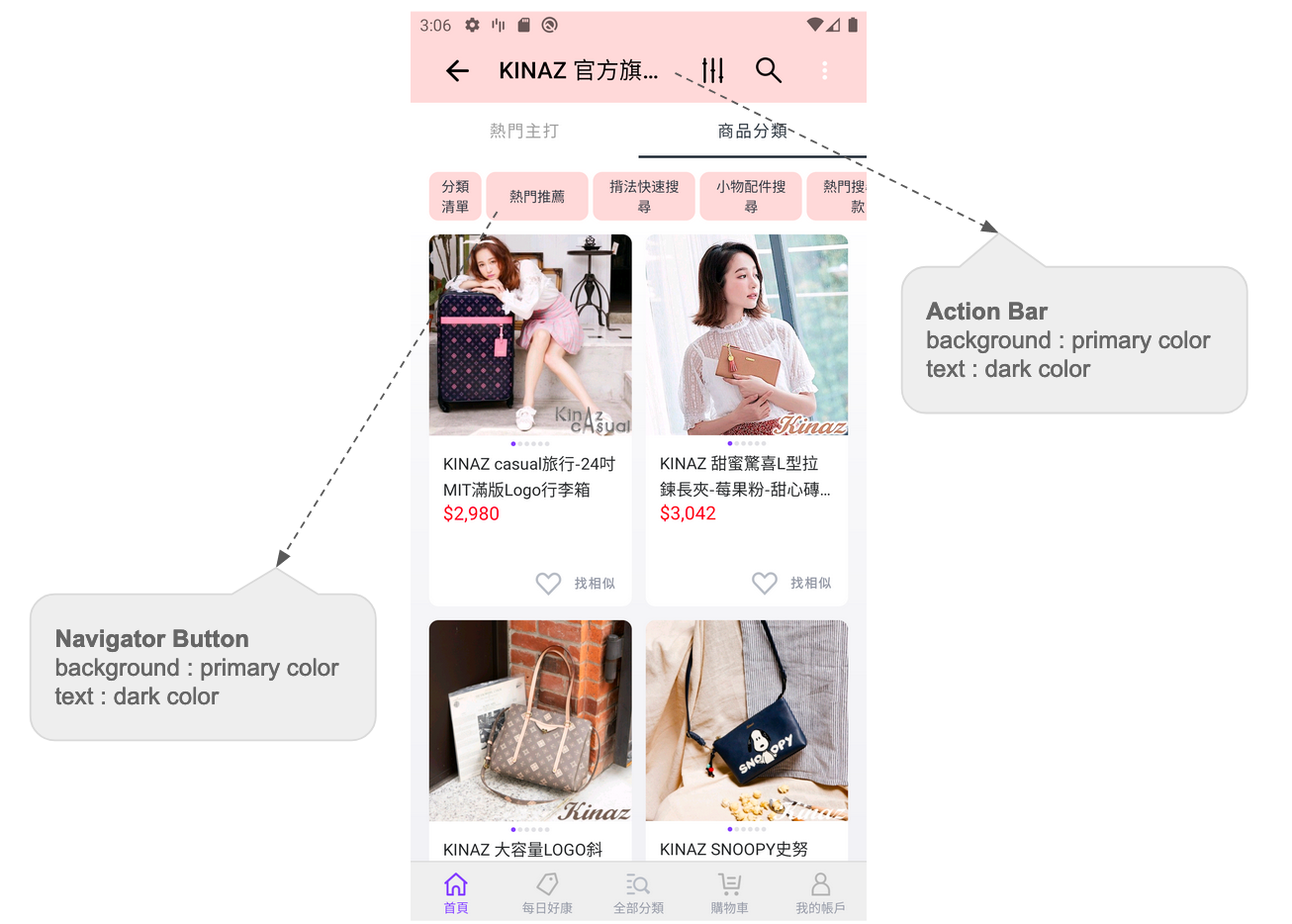 Use primary color on actionbar and buttons’ background with text of dark color.