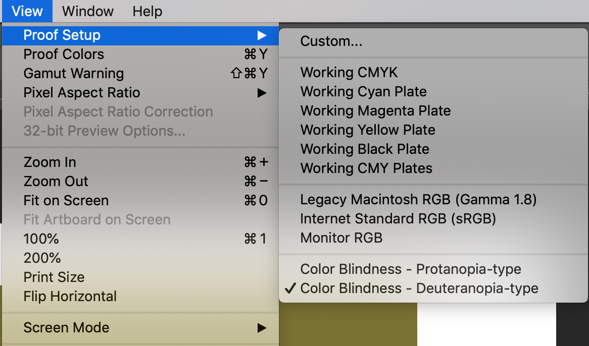 an expanded menu from photoshop software showing the location of colourblindness tools. view>proof setup> color blindness